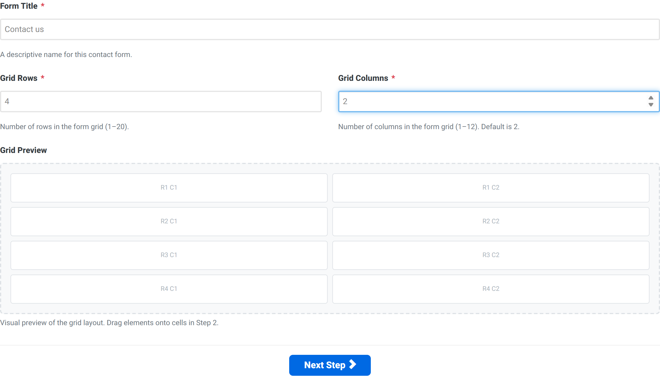 Step 1 filled in with the title Contact us, four rows and two columns.