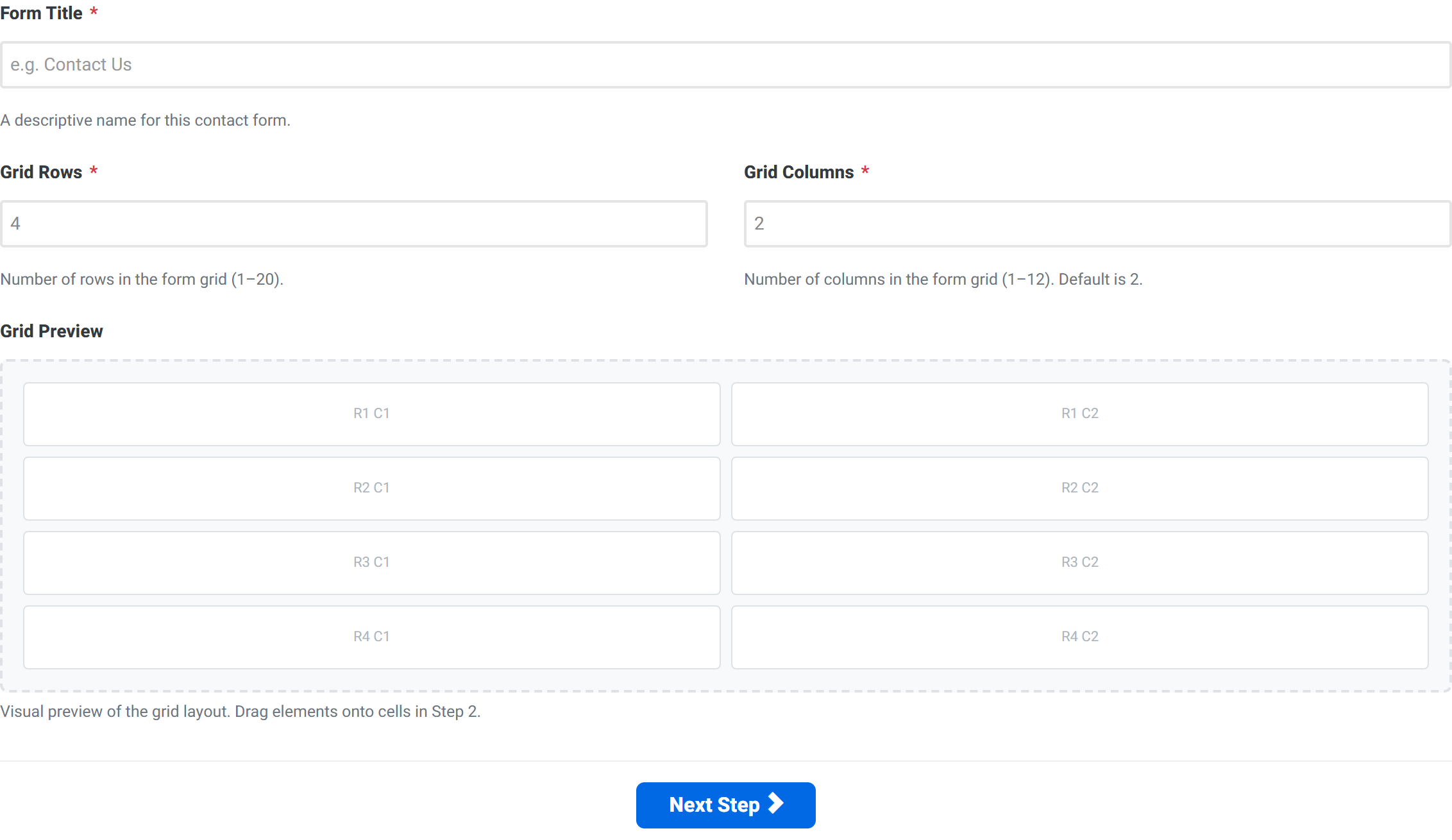 Step 1 of the wizard with fields for the form title, number of grid rows and number of grid columns.