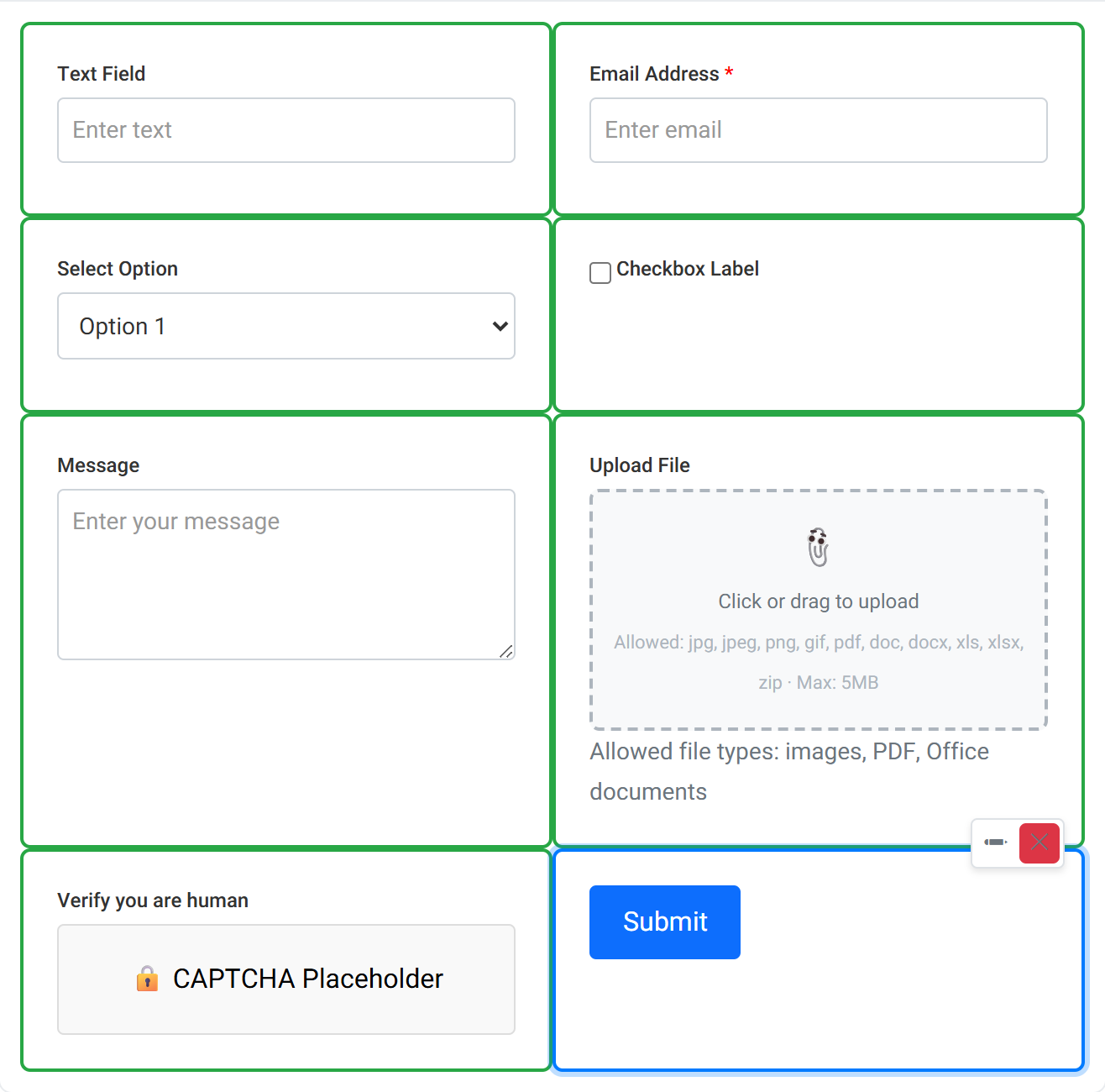 The design canvas filled with a text field, email address, dropdown, checkbox, message textarea, file upload and submit button across the grid.