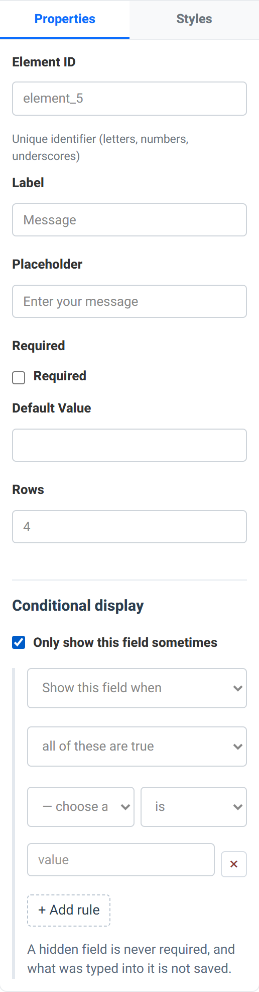 The conditional display editor with a show-or-hide selector, an all-or-any selector, a field, comparison and value row, and an Add rule button.