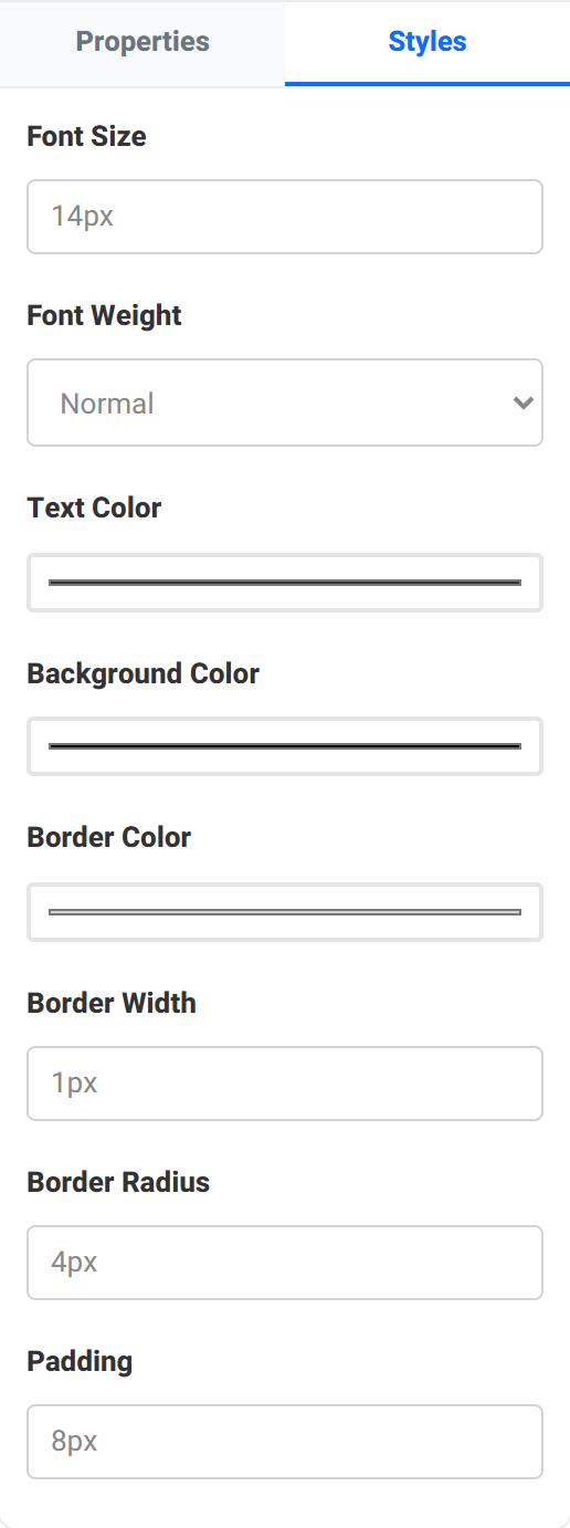 The styles tab showing font size, font weight, colour and background colour controls for the selected field.