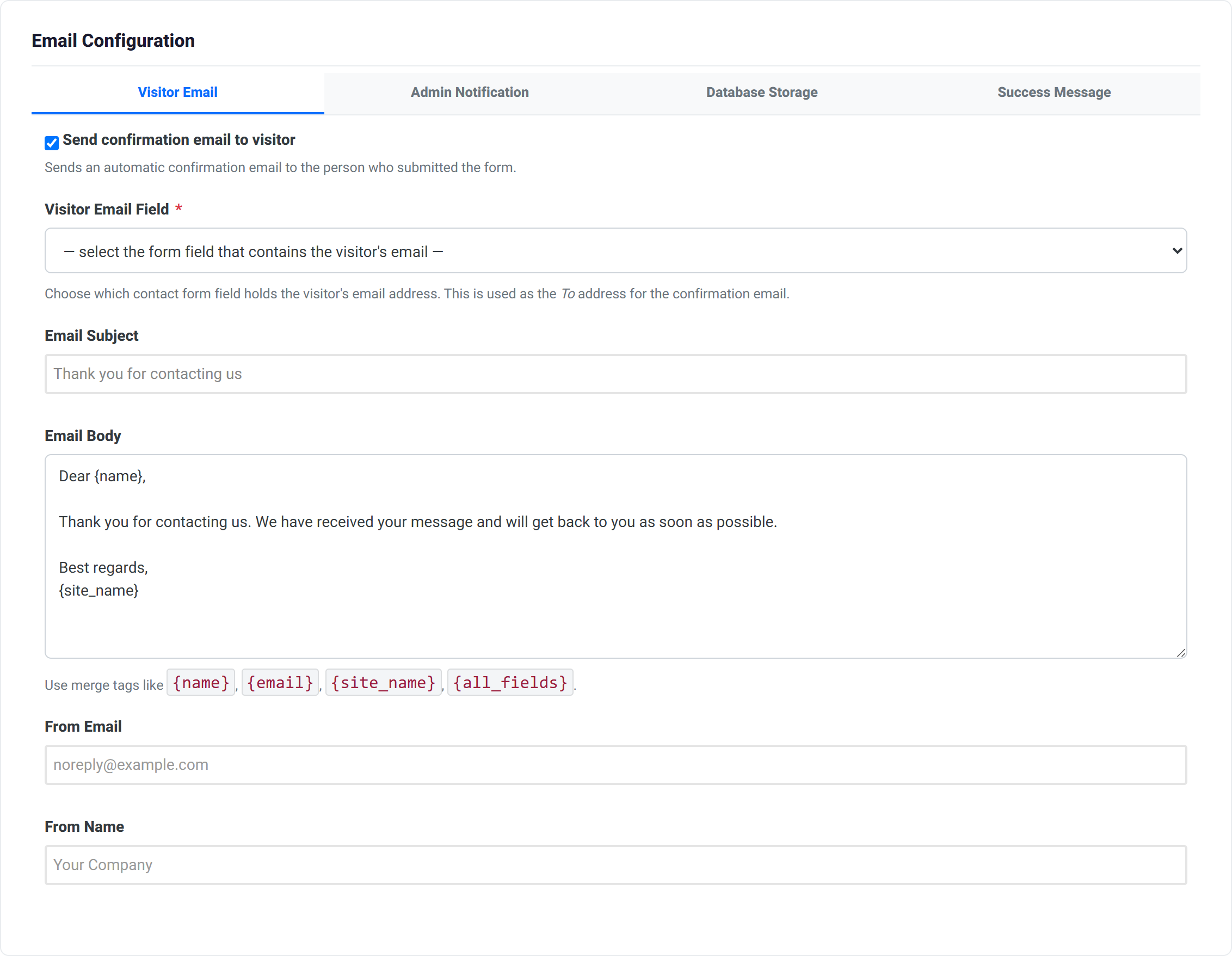 The email configuration section with blocks for the visitor confirmation email, the admin notification email, submission storage and the after-submission behaviour.