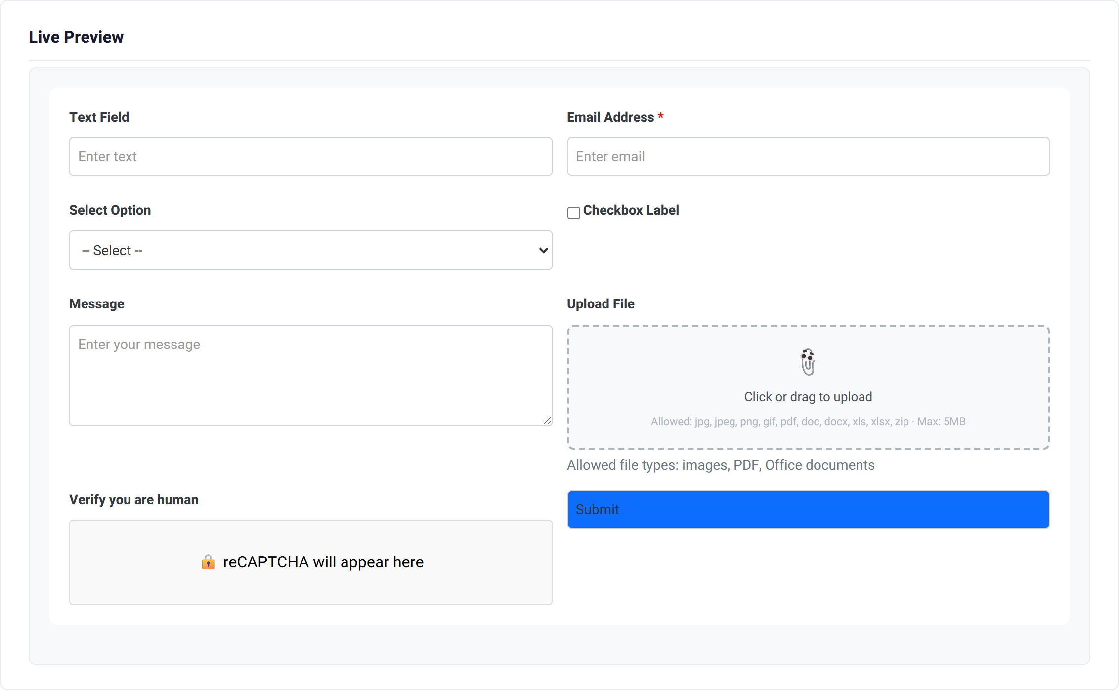 The live preview showing the finished contact form as a visitor will see it.