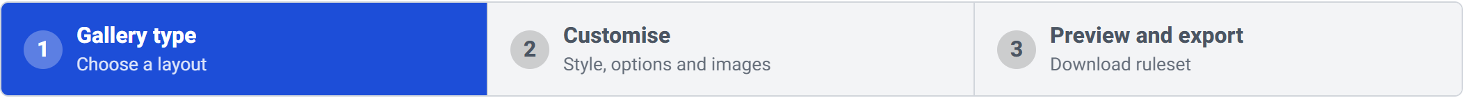 The wizard progress bar showing three steps: Gallery type, Customise, and Preview and export.
