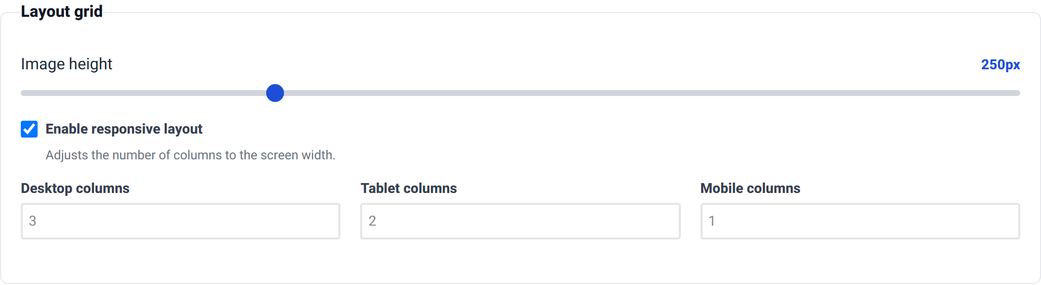 The Layout grid group with an image height slider, a responsive checkbox and desktop, tablet and mobile column fields.