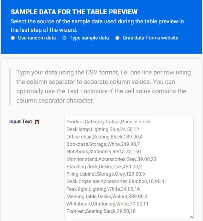 Step 1 of the online Table Wizard: Type sample data selected under Sample Data for the Table Preview, and the Input Text box holding thirteen lines of comma-separated product data, from Product, Category, Colour, Price, In stock down to Footrest, Seating, Black, 29.50, 18.