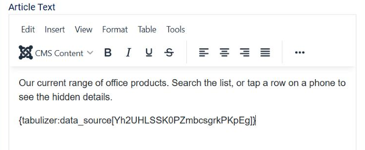 The Joomla article editor with the introduction Our current range of office products, followed by the inserted tag <div class=
