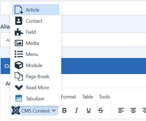 The CMS Content menu open in the Joomla 5 article editor, listing Article, Contact, Field, Media, Menu, Module, Page Break, Read More and, last, Tabulizer.