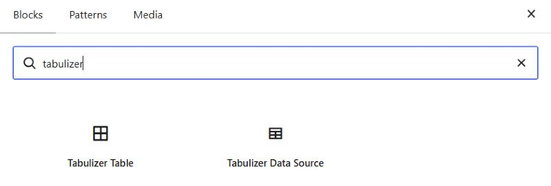 The WordPress block inserter with tabulizer typed in the search box and two results: Tabulizer Table and Tabulizer Data Source.