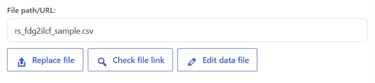 The File path/URL field of the Office products data source in WordPress, holding rs_fdg2ilcf_sample.csv, with the buttons Replace file, Check file link and Edit data file underneath.
