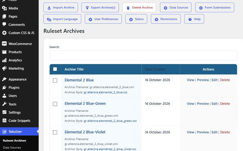 The Ruleset Archives page of Tabulizer in the WordPress dashboard, with Tabulizer selected in the left menu and Ruleset Archives and Data Sources below it, a toolbar of Import Archive, Export Archive(s), Delete Archive, Data Sources, Form Submissions, Import Language, User Preferences, Status, Permissions and Help, and the sample Elemental 2 archives listed underneath.