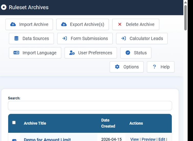 The Ruleset Archives page with two archives selected, showing the Export Archive(s) and Delete Archive toolbar buttons now enabled.