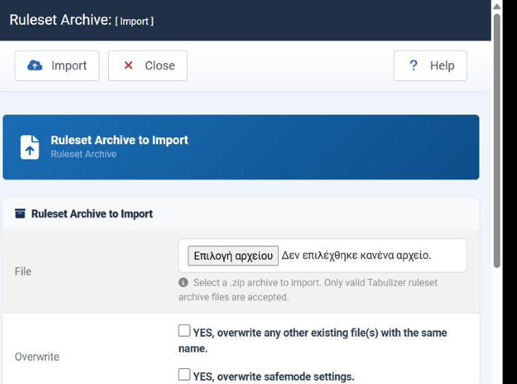 The Ruleset Archive Import page in the Joomla administrator, with the Import and Close toolbar buttons, a File field for choosing a zip archive, and two Overwrite checkboxes.