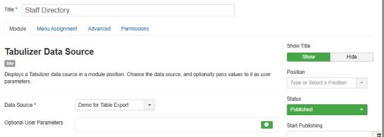 The Tabulizer Data Source module in the Joomla administrator, showing the Title field, the Module tab with the module name and description, the required Data Source drop-down with a data source selected, and the Optional User Parameters field with its add button, beside the usual Show Title, Position and Status settings.