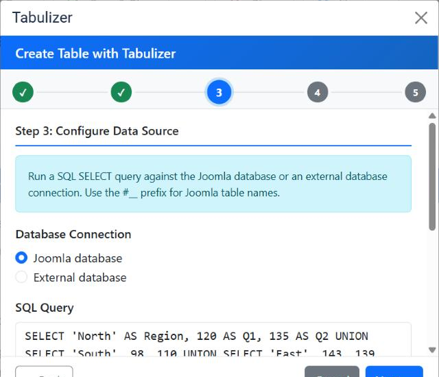 Step 3 of the Tabulizer wizard, Configure Data Source, with a note about running a SQL SELECT query and using the hash underscore prefix for Joomla table names, a Database Connection choice of Joomla database or External database, and a SQL Query box containing a SELECT statement.
