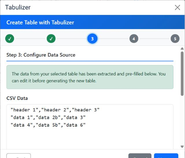 Step 3 of the Tabulizer wizard, Configure Data Source, with a green note saying the data from the selected table has been extracted and pre-filled, above a CSV Data box containing three quoted rows of header and data values.