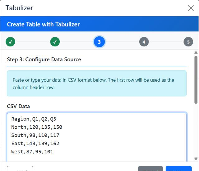 Step 3 of the Tabulizer wizard, Configure Data Source, with a note explaining that the first row is used as the column header row, and a CSV Data box containing five lines of comma-separated regional figures.