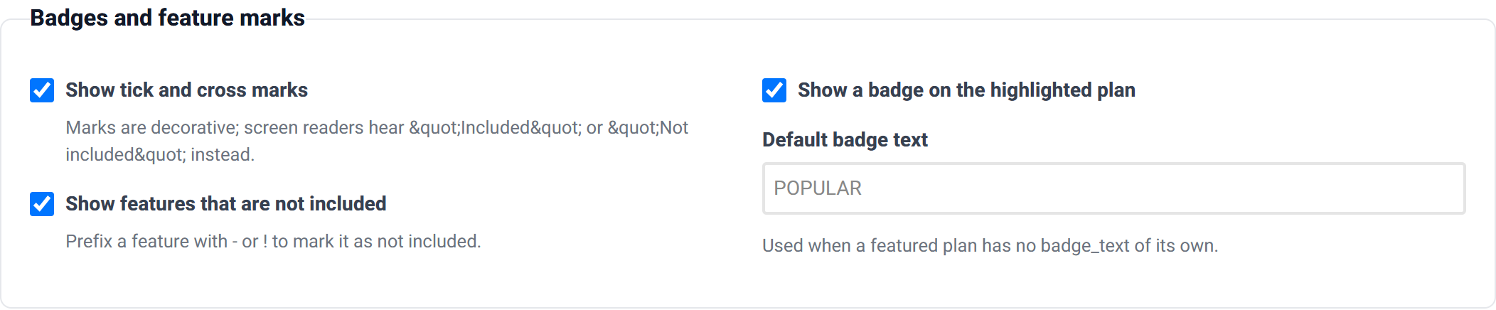 The Badges and feature marks group with checkboxes for feature marks, unavailable features and the popular badge, plus a default badge text field.