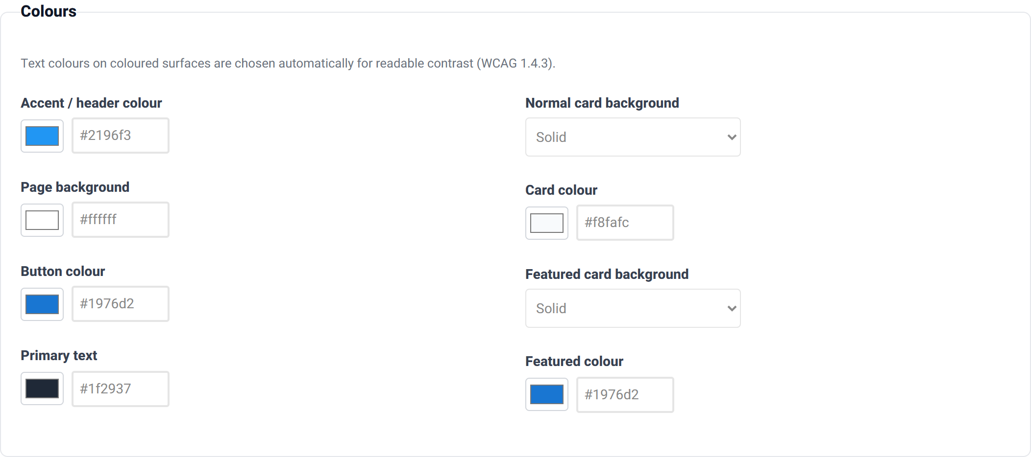 The Colours group with accent, page background, button and text colour pickers on the left, and card background and featured card background controls on the right.