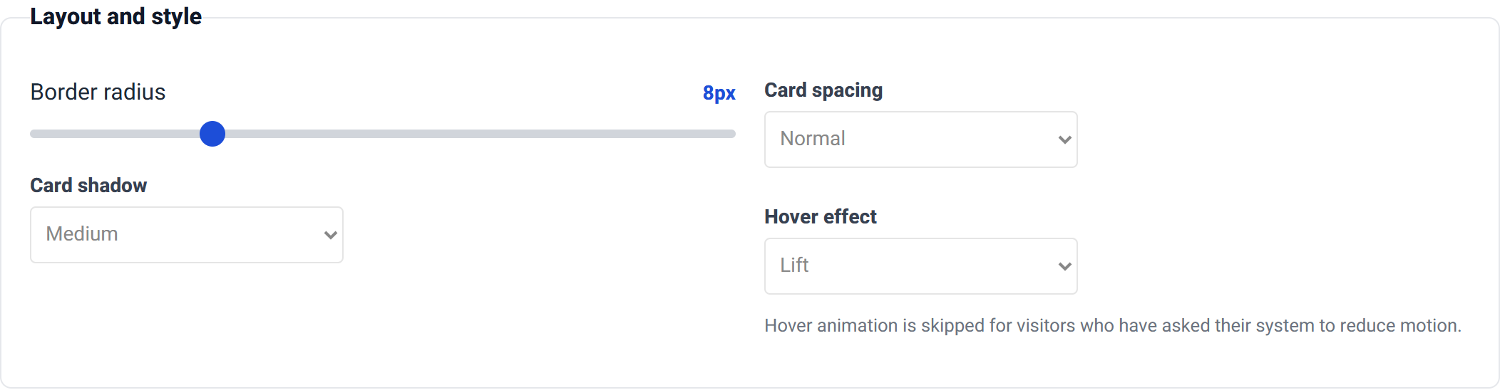 The Layout and style group with a corner radius slider, card shadow dropdown, card spacing dropdown and hover effect dropdown.