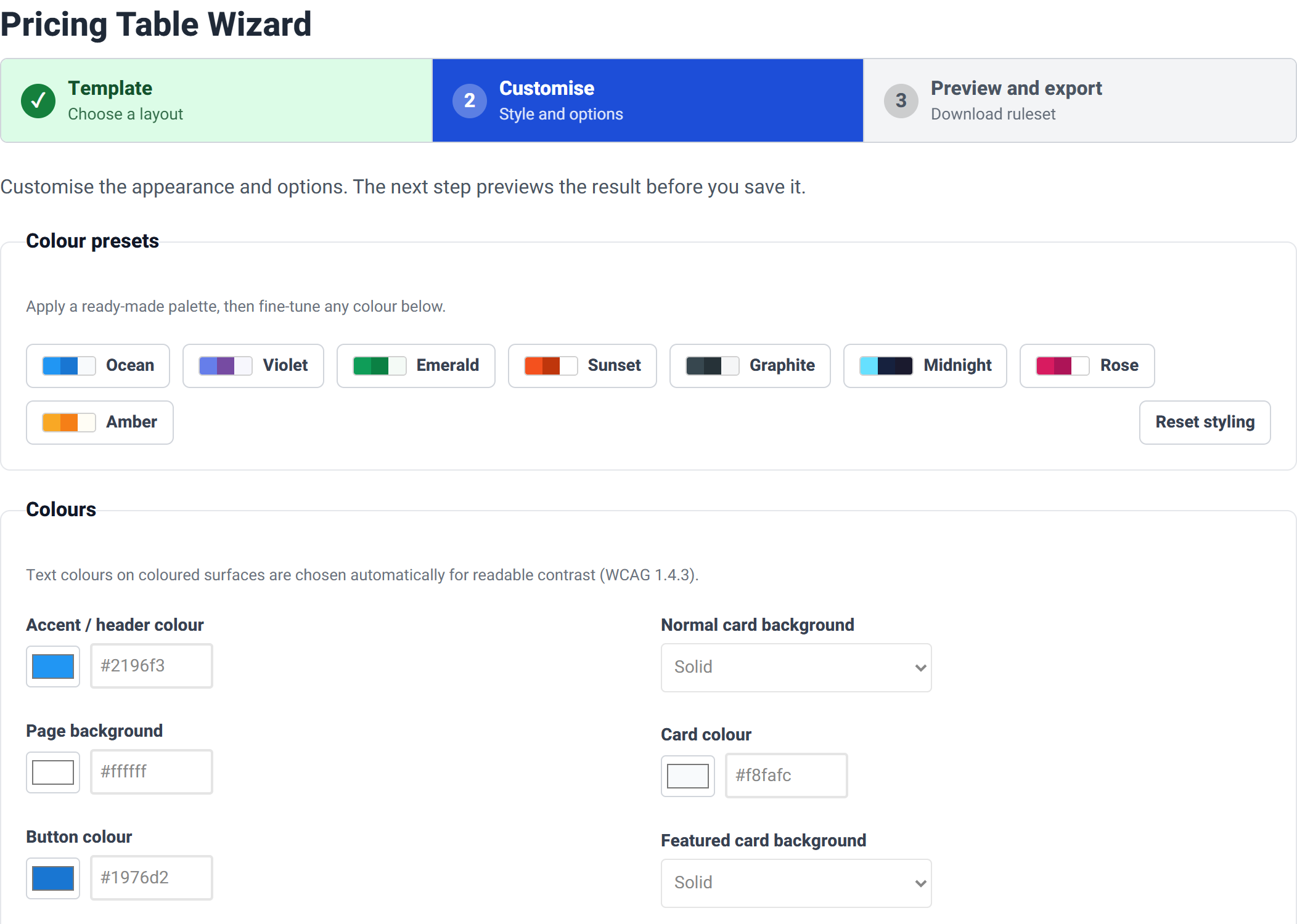 The top of Step 2, showing the progress bar with Step 1 ticked, the colour presets row, and the beginning of the colours group.