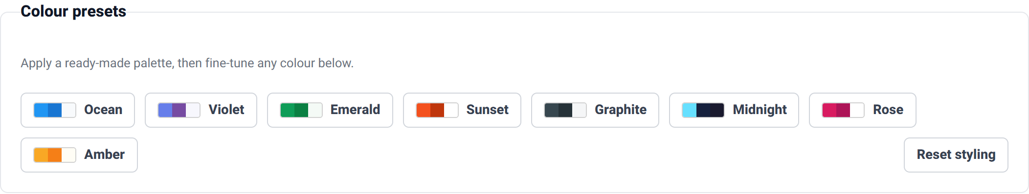The colour presets row with eight palette buttons named Ocean, Violet, Emerald, Sunset, Graphite, Midnight, Rose and Amber, plus a Reset styling button.