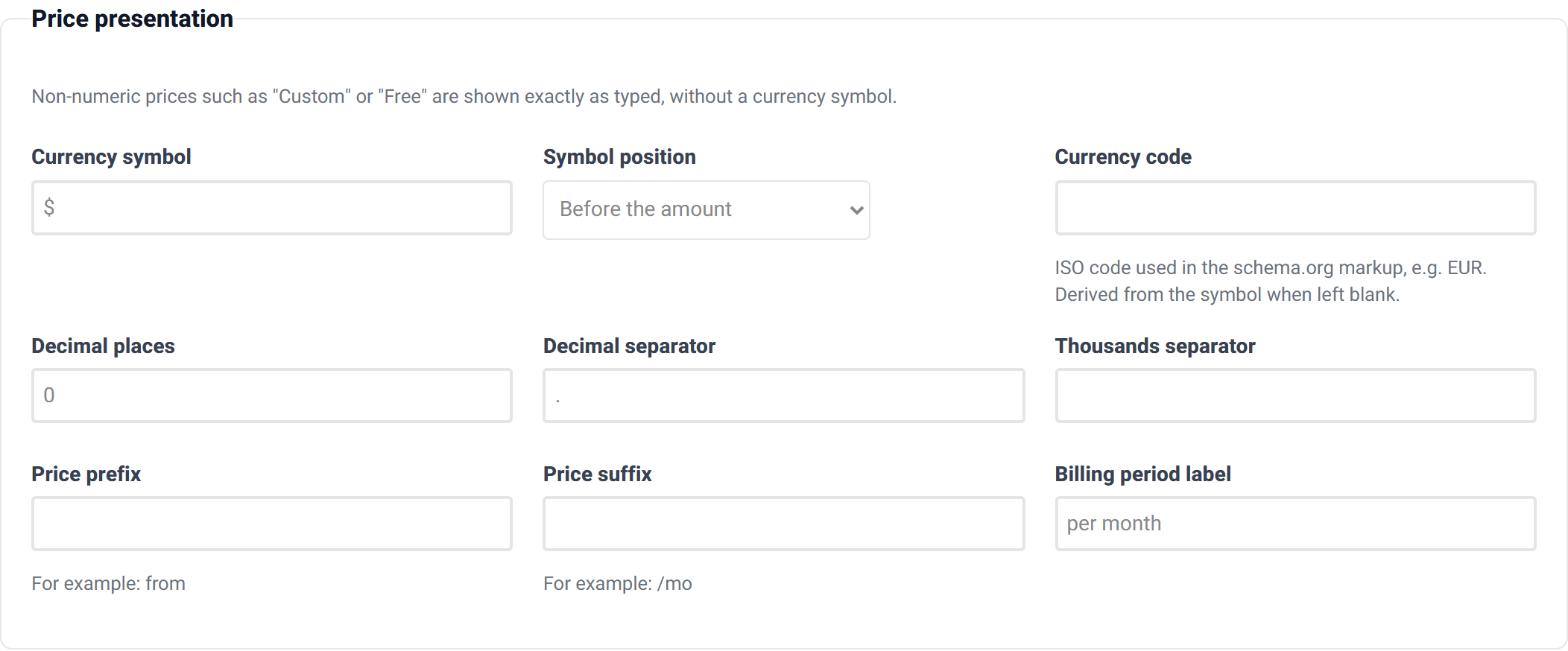 The Price presentation group with currency symbol, currency position, currency code, decimals, decimal separator, thousands separator, price prefix, price suffix and billing period fields.