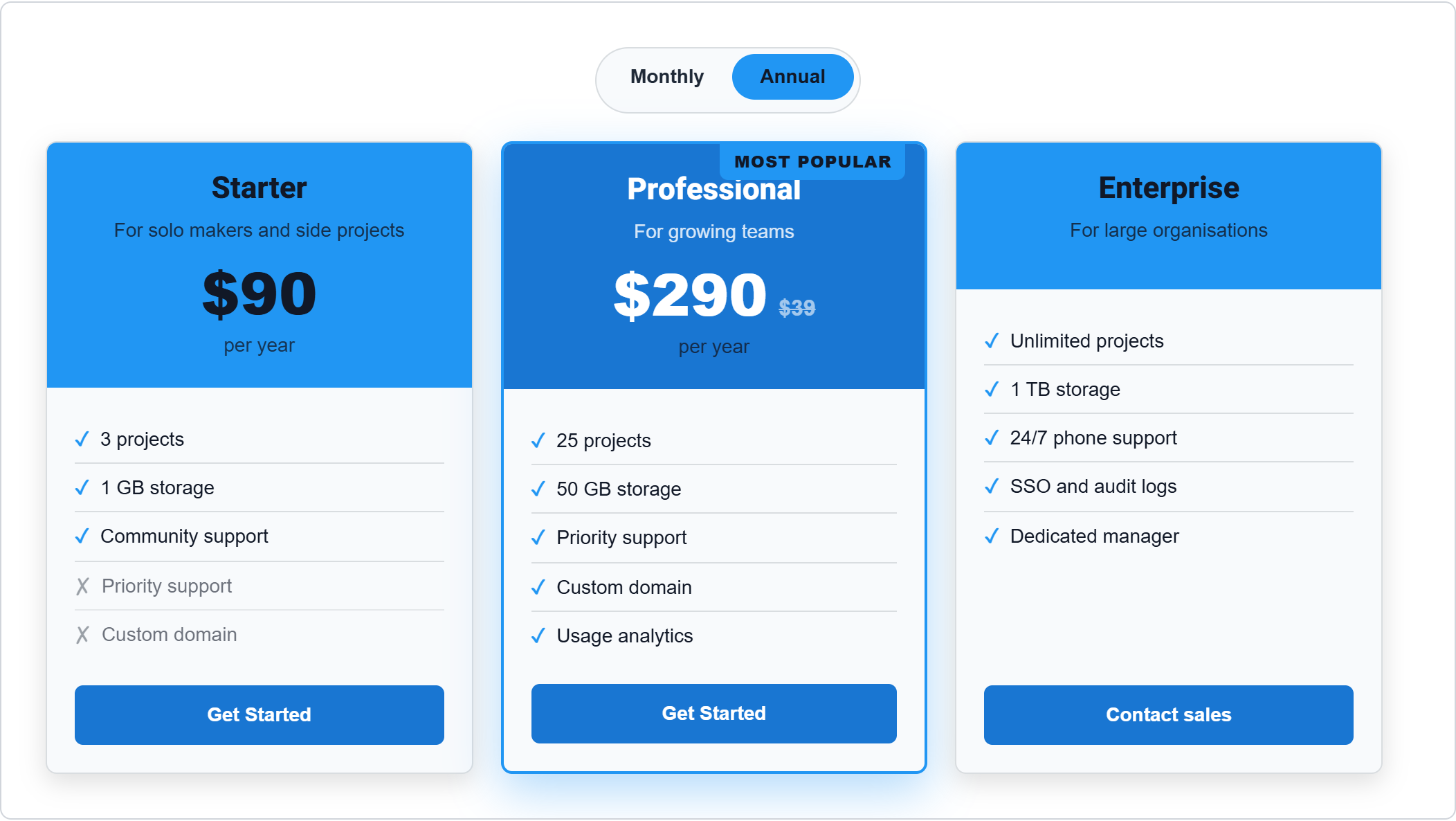 The same pricing table with Annual selected: Starter shows 90 dollars per year, Professional shows 290 dollars per year, and the Enterprise card shows no price at all.