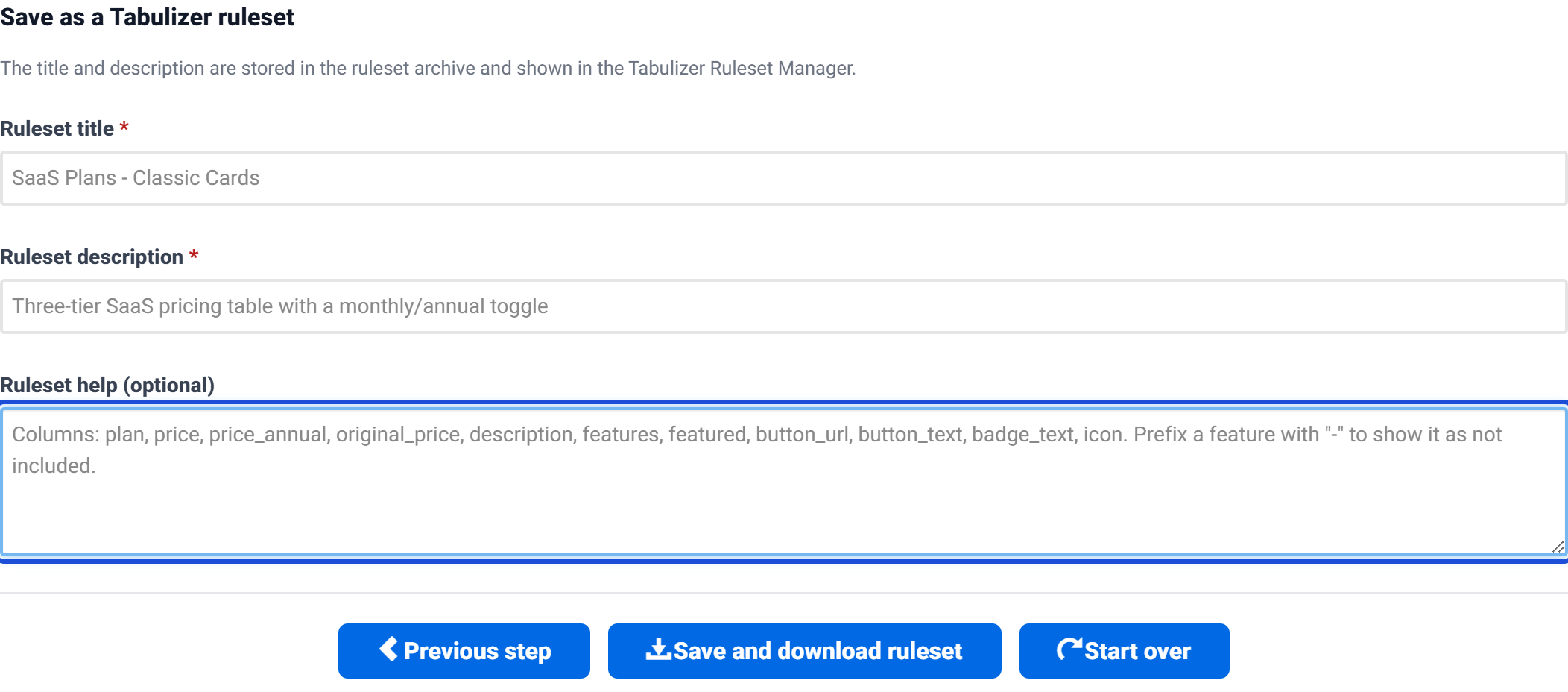 The Save as a Tabulizer ruleset form with the title, description and optional help fields filled in, and Previous step, Save and download, and Start over buttons.