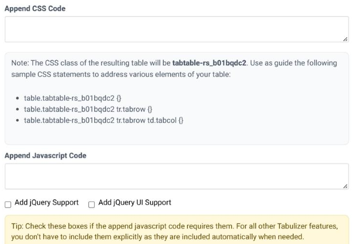 The Append CSS Code box in step 5 of the Table Wizard with the note naming the table's CSS class and three sample selectors, followed by the Append Javascript Code box with the Add jQuery Support and Add jQuery UI Support checkboxes.