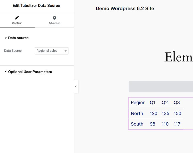 The Elementor editor with the Tabulizer Data Source widget selected: the panel shows a Data source section with the Data Source drop-down set to Regional sales and a collapsed Optional User Parameters section, while the canvas shows the rendered table with Region, Q1, Q2 and Q3 columns and the North and South rows.