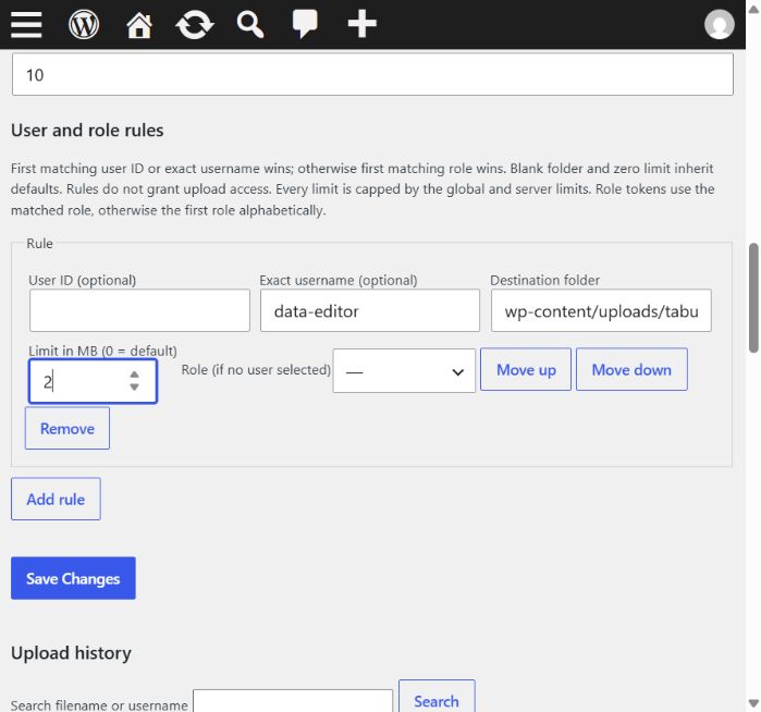 An example user rule for the exact username data-editor, with a destination beginning wp-content/uploads/tabulizer/data, a 2 MB limit, and Move up, Move down and Remove buttons.