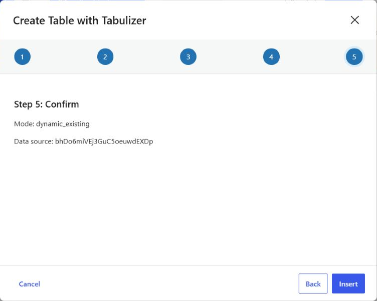 Step 5 of the Tabulizer wizard in Existing Dynamic Table mode, headed Step 5 Confirm, listing only Mode dynamic_existing and the chosen data source tag, with Cancel, Back and Insert buttons at the foot of the dialog.